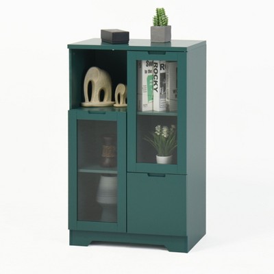 Lirago,25.6"D * 11.8"W * 39.4"H,Green MDF Display Cabinet with Glass Doors & Drawer, Multi-Functional Organizer for Bedroom/Living Room