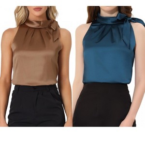 INSPIRE CHIC Women's Elegant Satin Sleeveless Bow Tie Mock Neck Solid Work Blouse 2 Packs - 1 of 4