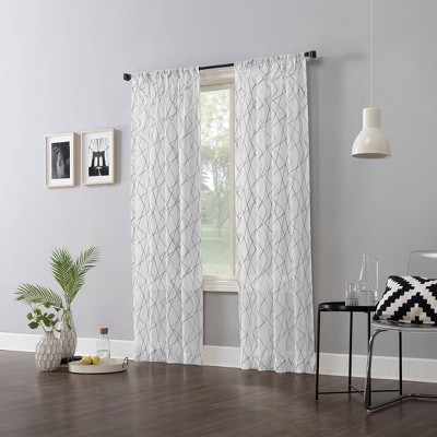 Gray Geometric Embroidery Semi-Sheer Rod Pocket Curtain Panels