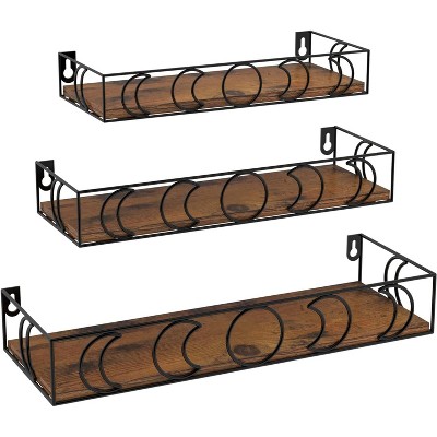 Attop Moon Phase Wall Shelves Brown Black, 3 Pack Small Floating Book Plant Shelves for Bedroom Kid Room