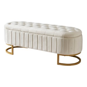 Vynxaria 47.2" Beige Velvet Storage Ottoman - Chic Ottomans and Benches with Button-Tufted Design - 1 of 4