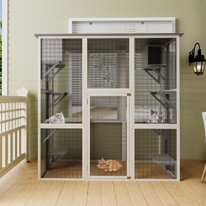 Gray Wooden Outdoor Catio Cat Enclosure, Large Walk-in Cat House with 6 Platforms & 2 Napping Boxes, Weatherproof Roof Cat Cage - Nertpow - 1 of 4