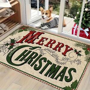 Lomsoe Christmas Doormat with Non-Slip Flannel Carpet Indoor/Outdoor Welcome Mat, Green & Red Holiday Merry Christmas. - 1 of 4