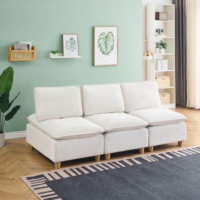 CAVINAS Home Sofa Chair Living Room, Modern and Ultra-Comfortable Straight-Row Three-Seater Off-White Flannel Sofa, 88-Inch Simple