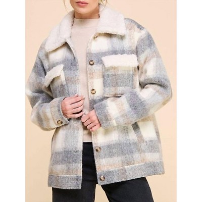Women's Plaid Teddy Collar Jacket - ALLIE ROSE