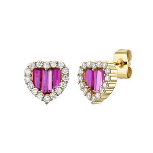 Guili Radiant Baguette Heart Halo Earrings in 14k Gold Plating with Cubic Zirconia—Timeless Studs for Everyday Glam in Green, Purple, or Blue. - 1 of 2