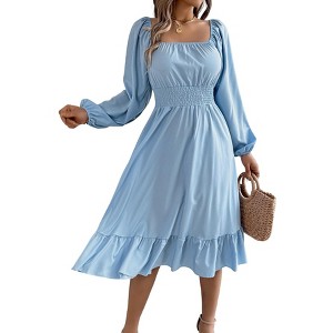 Women's Spring Summer Fall Long Sleeve Square Neck Smocked Waist Casual Vacation Tiered Flowy Midi Dress - 1 of 4