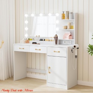 Bedroom Vanity Desk with Mirror, Lights and Power Outlet Makeup Table w/3 Drawers and Storage Shelves Dressing Table - 1 of 4