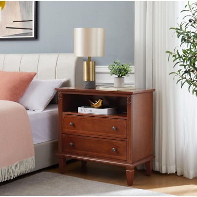 28.30"Open Space and 2 Drawers Dresser Nightstand with Charging Station, Farmhouse End Table with USB Ports and Outlets,Walnut