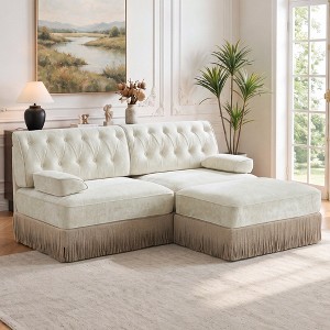 L-Shaped Velvet Loveseat Couch, Button Tufted Sofa with Ottoman, 2 Seat Chesterfield Sofa with Tassel Fringe Skirt for Small Space, Beige : Target