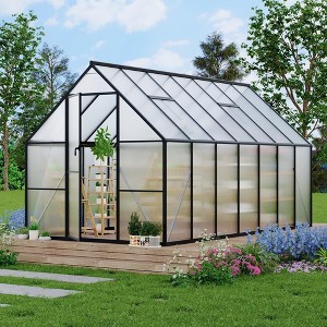 homfan Aluminum Polycarbonate Greenhouse w/ Roof Vent - Heavy Duty Quick Setup Walk-in Greenhouse for Outdoors, Black - 1 of 4