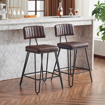 Two brown PU leather bar stools with backrests