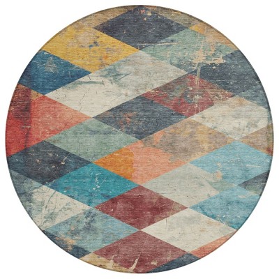 HomeRoots 8' Navy Blue And Gold Round Geometric Washable Indoor Outdoor Area Rug