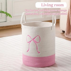 Pink Laundry Hamper Tall Cotton Rope Laundry Basket Hamper Large Bow Basket - 1 of 4