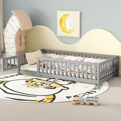 ROOMTEC Floor Bedframe w/Safety Guardrails and Door,Wood Bed with Removed Slats for Kids