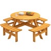 8-Person Outdoor Patio Fir Wood Round Picnic Dining Set with 4 Built-in Benches and Umbrella Hole - 2 of 4