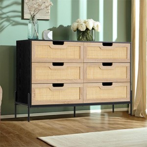Coucheta Natural Rattan 6 Drawer Double Dresser, Wooden Chest of Drawer, Farmhouse Storage Cabinet with Solid Metal Legs, Modern Storage Unit - 1 of 4