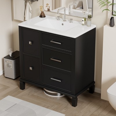 30 Inch Black Bathroom Vanity with Ceramic Sink, Modern Bathroom Sink Cabinet with Flip-Out Drawer Design