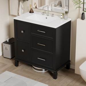 30 Inch Black Bathroom Vanity with Ceramic Sink, Modern Bathroom Sink Cabinet with Flip-Out Drawer Design - 1 of 4