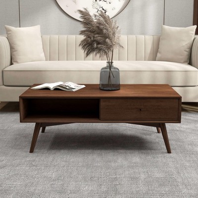 Caroline Mid-Century Modern Walnut Coffee Table Solid Wood 23.5x47.5x17.5 inches for Living Room, Home Small Space, Brown