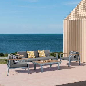 Nertpow 4-Piece Teak Wood Outdoor Patio Set in Gray Finish with Gray Cushions ¨C Loveseat, 2 Chairs, Coffee Table - 1 of 4