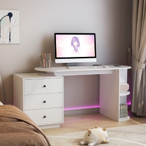 KTMBDW Modern Home Office Table, Expandable Desk with 3 Storage Drawers & Open Shelf, Computer Desk with Bookshelf for Bedroom, Living Room, White - 1 of 4