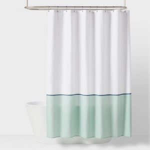 Kids' Shower Curtain White with Teal border - Pillowfort™: Abstract Twill, Green, OEKO-TEX Certified, 72"x72" - 1 of 4