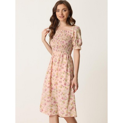 Женские платья INSPIRE CHIC Women's Cottagecore Floral Square Neck Puff Sleeves Summer Midi Smocked Dress Pink Medium — фото 3