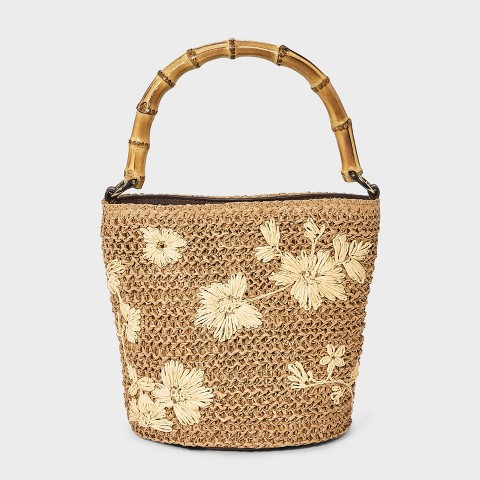 A New Day Straw Floral Embroidered Bucket Top Handle Bag - A New Day™ Natural