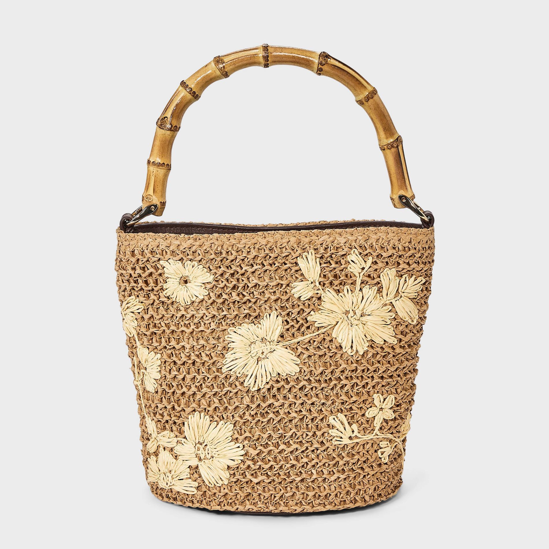 Straw Floral Embroidered Bucket Top Handle Bag - A New Day™ Natural