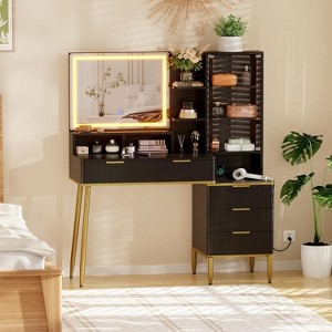 Modern Glass Top Elegant Fluted Vanity Desk With Acrylic Protective Door - 1 of 4