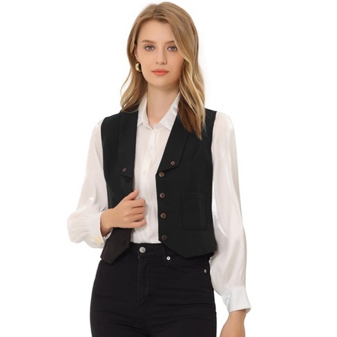 Allegra K Women's Versatile V Neck Sleeveless Button Down Dressy Suit Vest  Waistcoat Jacket Black Small