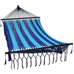 Sunnydaze Heavy-Duty Deluxe Hand-Woven Cotton American-Style Mayan Hammock with Spreader Bars - 770 lb Weight Capacity - Blue - 1 of 4