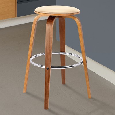 Cream and Walnut Swivel Backless Mid-Century Modern Bar Stool