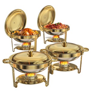 Warmounts 5QT Gold Luxury Round Chafing Dish Buffet Set Food Warmer with Steel Lids & Holders - 1 of 4