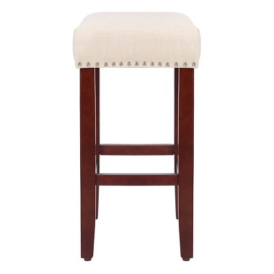 24" Cherry and Beige Upholstered Saddle Seat Counter Stool