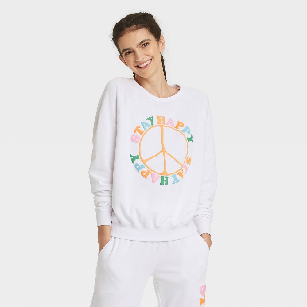 Women's Stay Happy Graphic Sweatshirt - White XXL