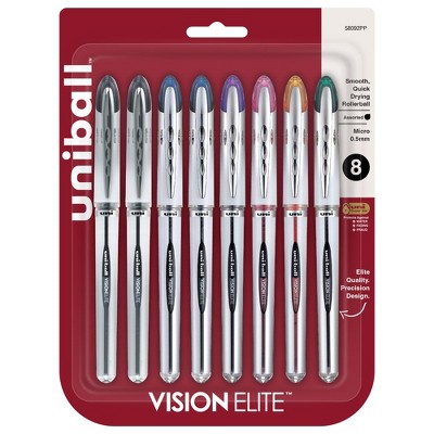 uniball Vision Elite Roller Ball Stick Pen, 0.5 mm Micro Tip, Assorted Colors, Set of 8