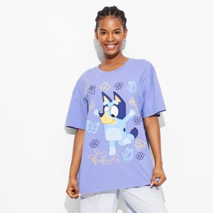Women's Bluey Oversized Short Sleeve Graphic Boyfriend T-Shirt - Periwinkle Blue - 1 of 3