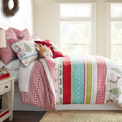 Holiday Cheer King Cotton Duvet Cover Set in Red and Green