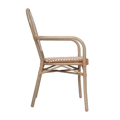 Natural & White Wicker Rattan Outdoor Bistro Chair with Arms