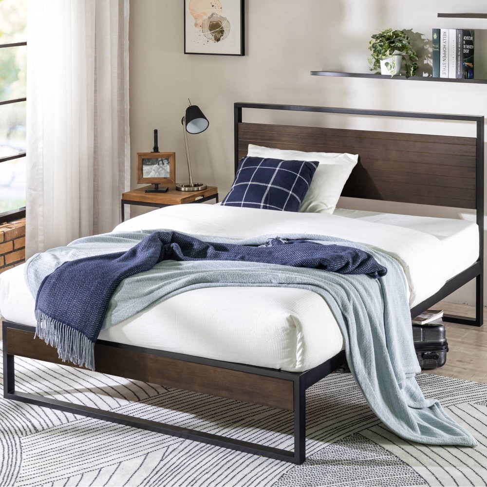 Photos - Bed Frame Zinus Twin Suzanne Bamboo and Metal Platform  with Headboard Gray Wash 