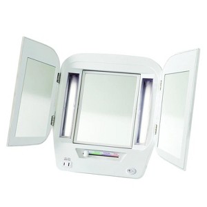 Modern Tri-Fold Makeup Mirror with Lights, Vanity Mirror with 5X Magnification & Multiple Light Settings, White Base Design for Home Use - 1 of 4