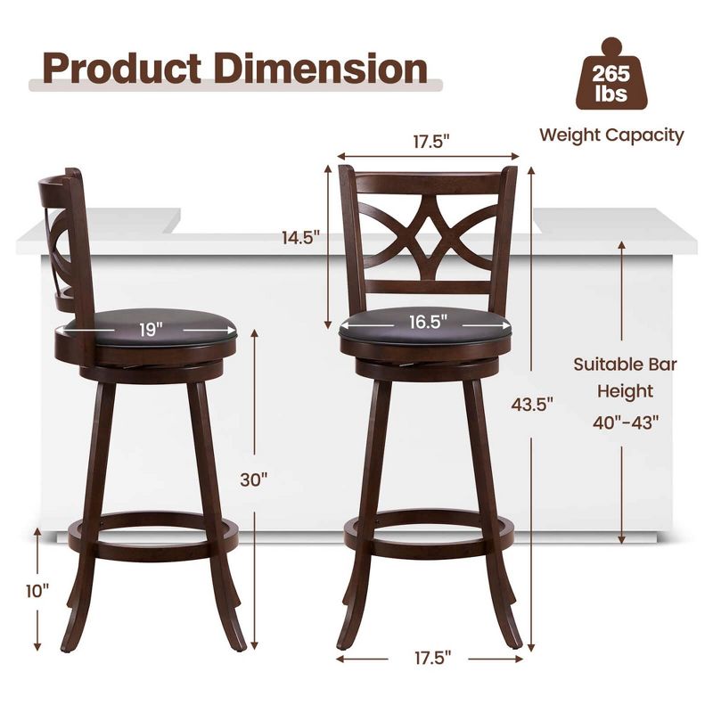 Costway 2PCS 24/30-inch Bar Stools 360° Swivel Bar Chairs with PVC leather Cushioned Seat, 3 of 9