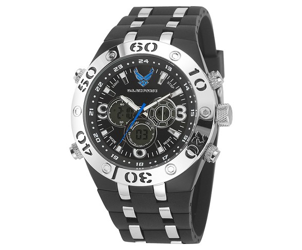 Men's U.S. Air Force C23 Multifunction Watch By Wrist Armor, Black And White Dial, Black Rubber Strap