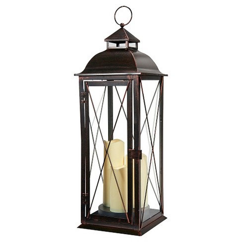 Wooden Led Lantern With Copper Roof And Battery Operated Candle