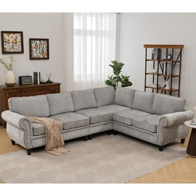 109.5'' Chenille Modular L-Shaped 6-Seater Sectional Sofa with Rivets Decorated Rolled Armrest and 7 Back Cushions