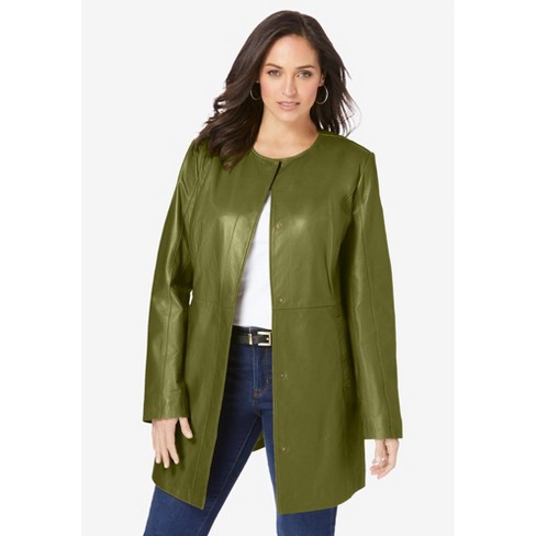 Jessica London Women's Plus Size Three-quarter Leather Jacket, 30 W - Moss  Green : Target