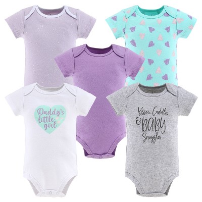 The Peanutshell Baby Girl Short Sleeve Bodysuits, 5-Pack, Purple/Grey/Mint, Newborn to 24 Months