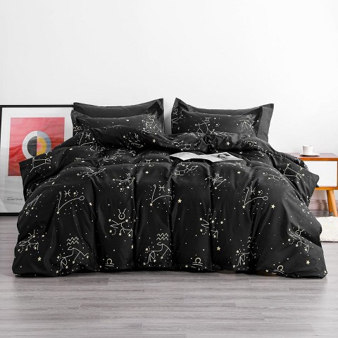 Acoinel Constellation Pattern Microfiber Bedding Set, Soft Wrinkle-Resistant Easy Care, Black